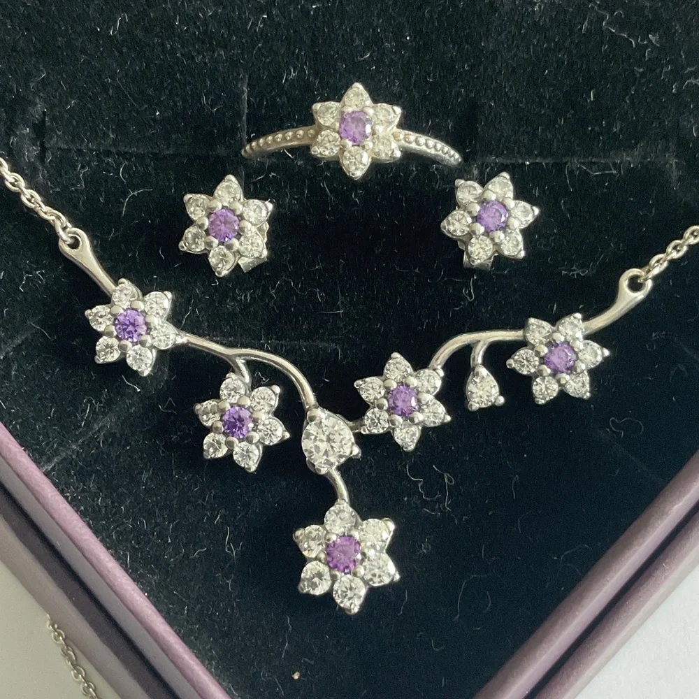Pandora Silver Necklace with Purple Floral Accents - Picture 3 of 6
